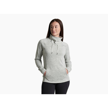 Front view of the Kuhl Women's Elia Pullover in Coffee with a model wearing it against a white background.