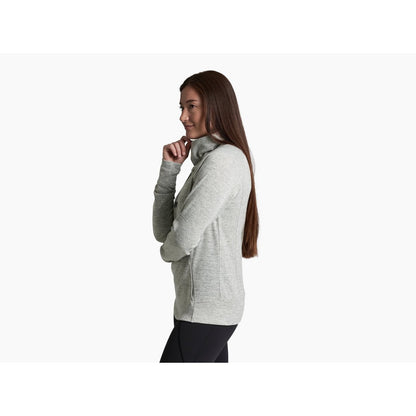 Side view of the Kuhl Women's Elia Pullover in Coffee showing a model wearing it against a white background.