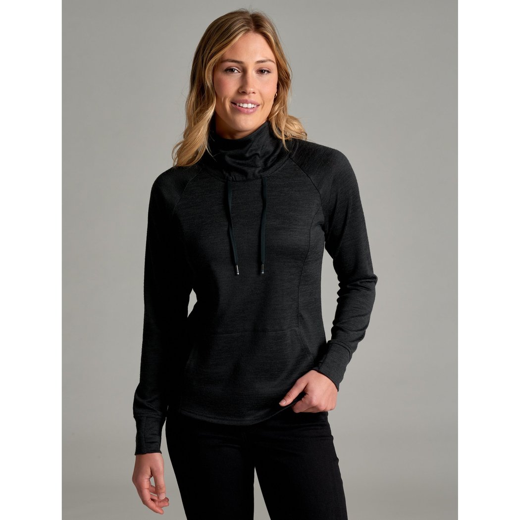 Front view of the Kuhl Women's Elia Pullover in Coffee with a model wearing it against a gray background.