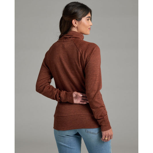 Back view of the Kuhl Women's Elia Pullover in Coffee showing a model wearing it against a gray background.