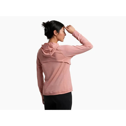 Back view of the Kuhl Women's Inspira FZ Hoody in Alpine Lake showing the hood and a model wearing it against a white background.