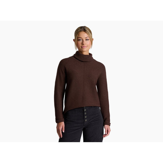 Front view of the Kuhl Women's Solace Sweater in Natural on a model against a white background.