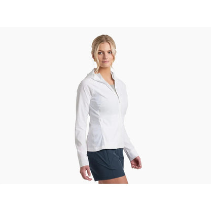 Side view of the Kuhl Women's Sunshade Hoody in Alpine White on a model against a white background.