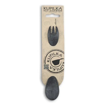 A front view of the Kupilka Spork 165 Junior Utensil in Black packaged with a fork and spoon against a white background.