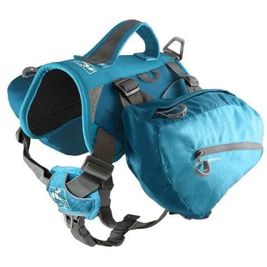 Side view of the Kurgo Baxter Pack in Coastal Blue showing the front pouch and padded shoulder straps against a white background.