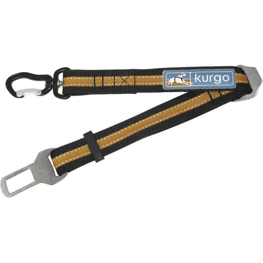 A side view of the Kurgo Direct To Seatbelt Swivel Tether in Orange showing the car seatbelt attachment and swivel hook against a white background.