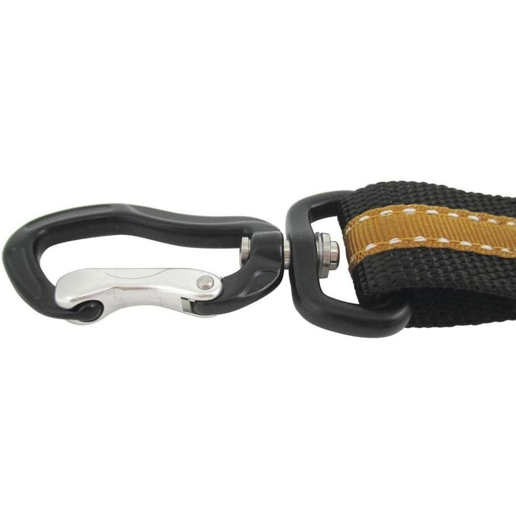A close-up of the Kurgo Direct To Seatbelt Swivel Tether in Orange, showing the black and silver swivel clip attached to a black strap with an orange stripe.