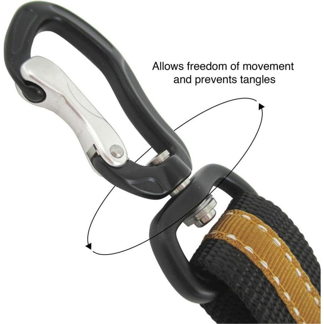 A close-up of the Kurgo Direct To Seatbelt Swivel Tether in Orange showing the swivel mechanism and attached seatbelt buckle.