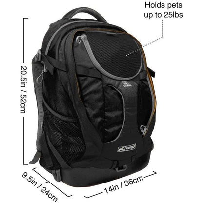 Side view of the Kurgo G-train K9 Pack in Black showing the pet compartment and dimensions against a white background.