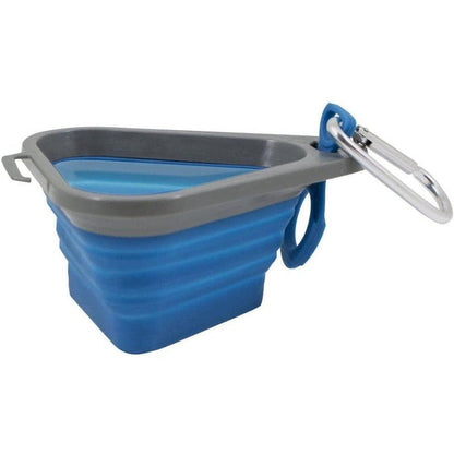 A side view of the Kurgo Mash & Stash Bowl in Coastal Blue showing the collapsible design and carabiner clip against a white background.