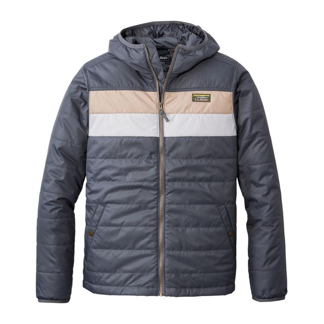 A front view of the L.L.Bean Men's Mountain Classic Colorblock Puffer Hooded Jacket in Iron/Putty showing the colorblock design and hood against a white background.