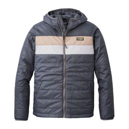 A front view of the L.L.Bean Men's Mountain Classic Colorblock Puffer Hooded Jacket in Iron/Putty showing the colorblock design and hood against a white background.