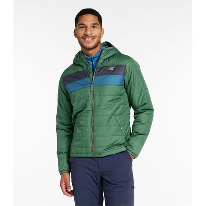 A front view of the L.L.Bean Men's Mountain Classic Colorblock Puffer Hooded Jacket in Iron/Putty on a model against a white background.