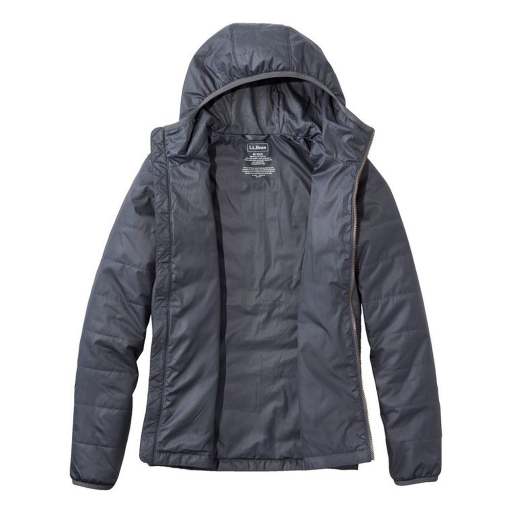 A front view of the L.L.Bean Men's Mountain Classic Colorblock Puffer Hooded Jacket in Iron/Putty against a white background.