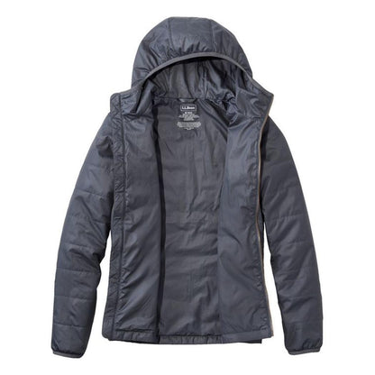A front view of the L.L.Bean Men's Mountain Classic Colorblock Puffer Hooded Jacket in Iron/Putty against a white background.