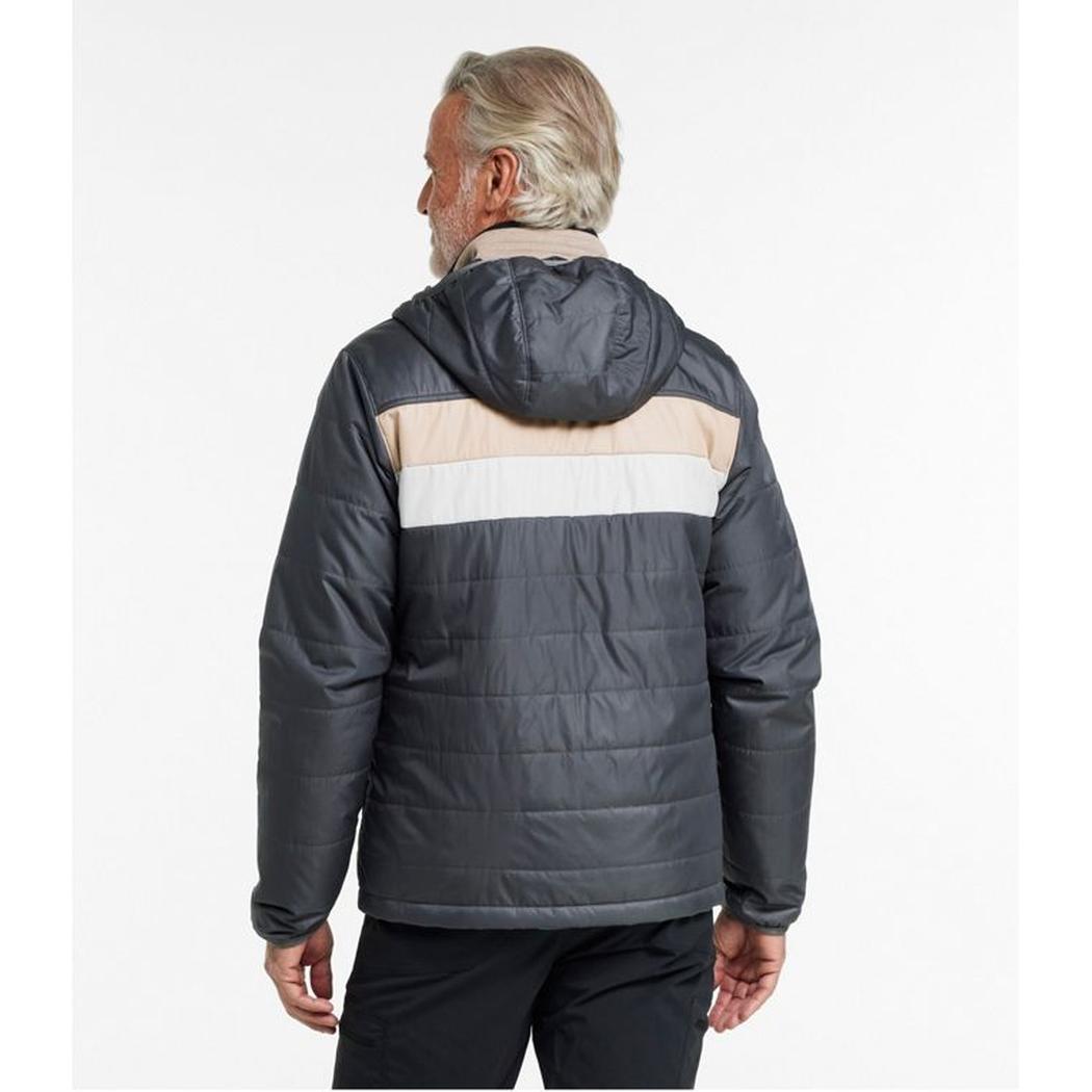 Back view of the L.L.Bean Men's Mountain Classic Colorblock Puffer Hooded Jacket in Iron/Putty against a white background.