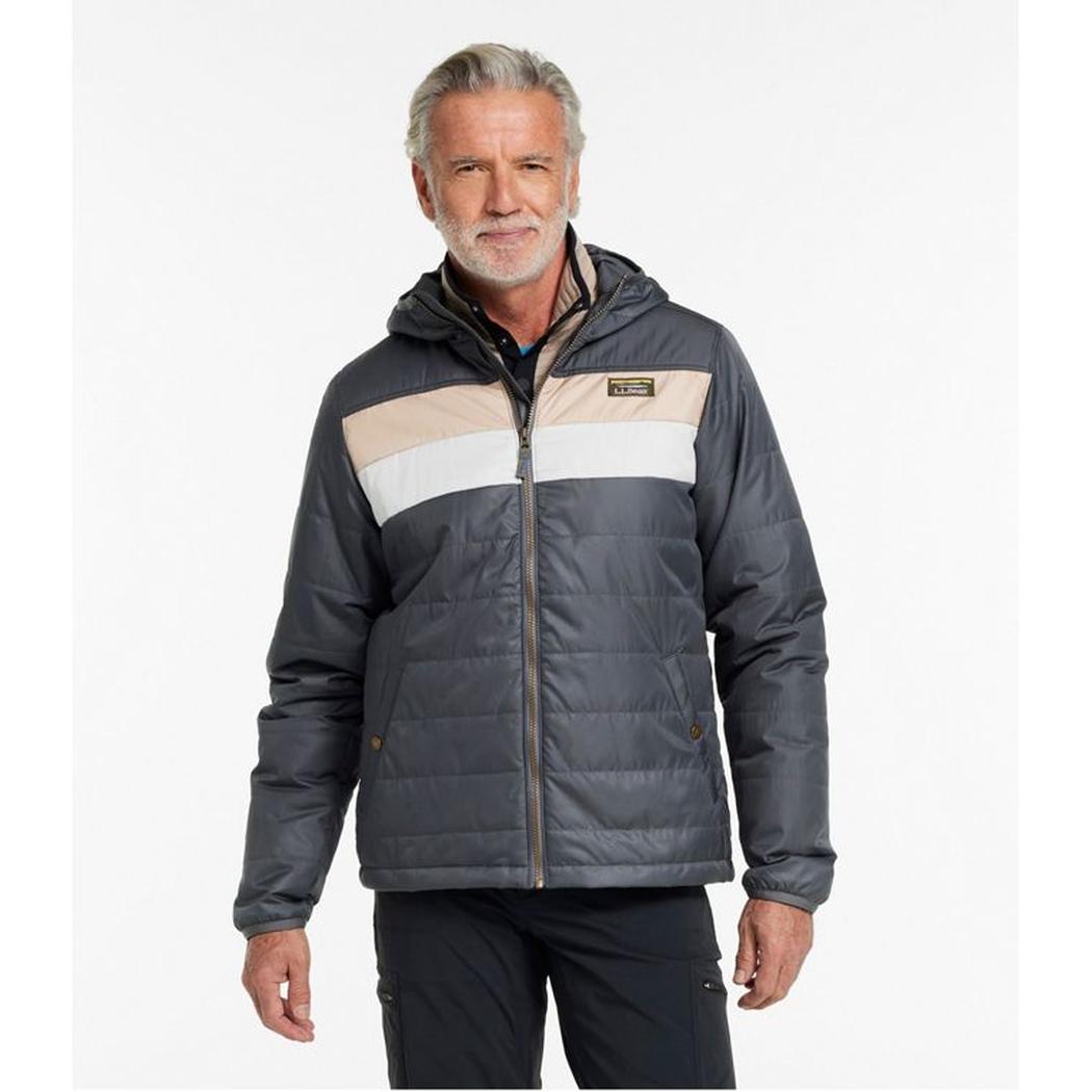 A front view of the L.L.Bean Men's Mountain Classic Colorblock Puffer Hooded Jacket in Iron/Putty on a model against a white background.
