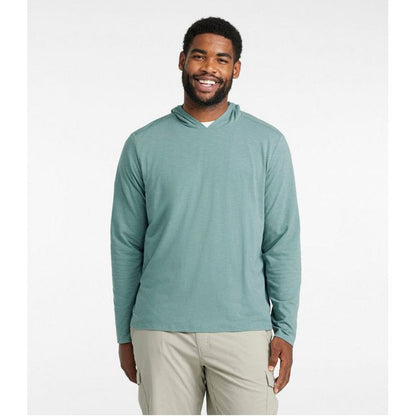 A front view of the L.L.Bean Men's Regular Insect Shield Field Hoodie in Mineral Blue on a model wearing khaki shorts against a white background.