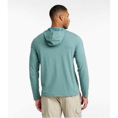 Back view of the L.L.Bean Men's Regular Insect Shield Field Hoodie in Mineral Blue on a model wearing khaki cargo pants against a plain white background.