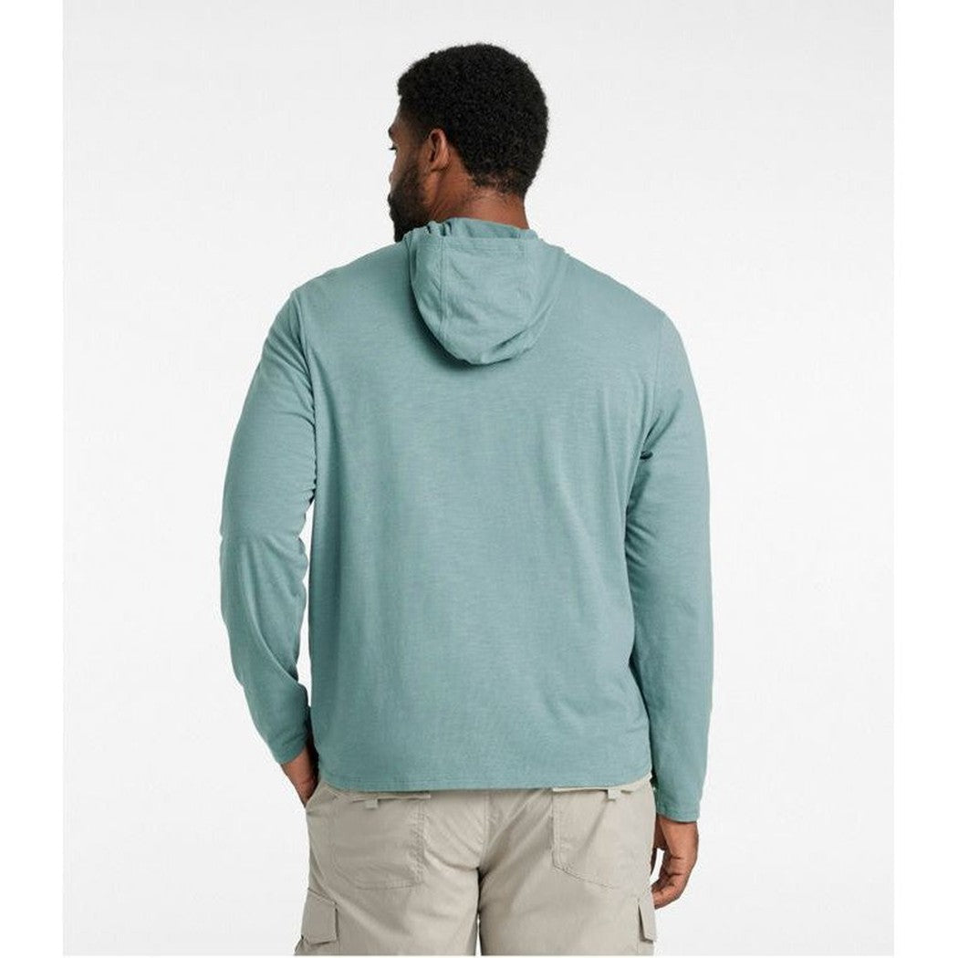Back view of the L.L.Bean Men's Regular Insect Shield Field Hoodie in Mineral Blue on a model wearing khaki pants against a plain white background.