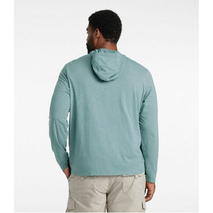 Back view of the L.L.Bean Men's Regular Insect Shield Field Hoodie in Mineral Blue on a model wearing khaki pants against a plain white background.