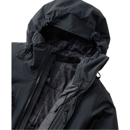 A close-up of the L.L.Bean Men's Waterproof Primaloft Packaway Jacket in Black, showing the hood and zipper details against a white background.
