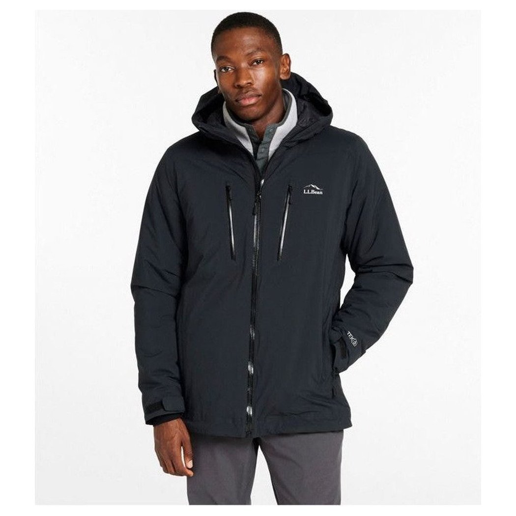 A front view of the L.L.Bean Men's Waterproof Primaloft Packaway Jacket in Black on a model against a white background.