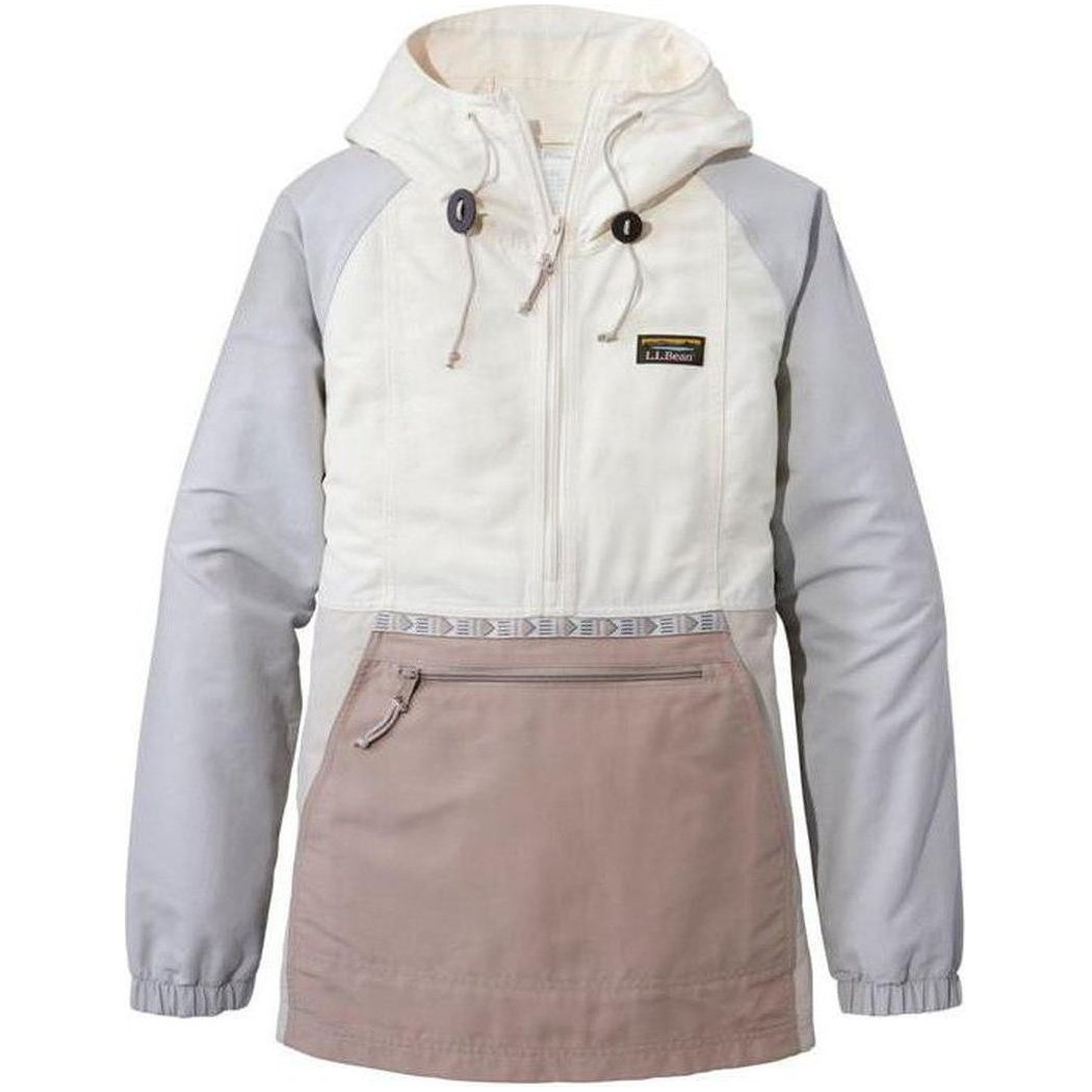 A front view of the L.L.Bean Women's Mountain Classic Anorak Multi Color in Paperwhite/Putty showing the hood and front pocket against a white background.