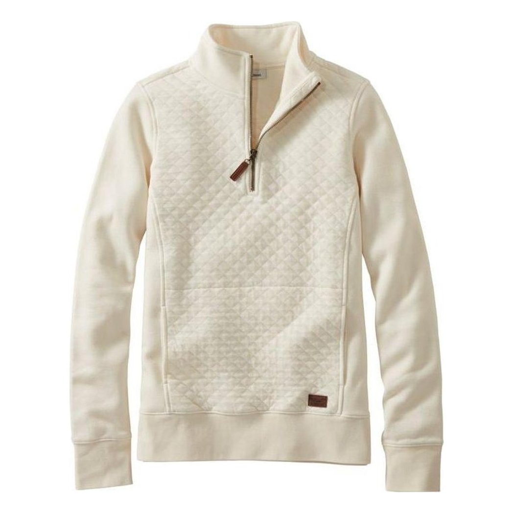 A front view of the L.L.Bean Women's Regular Quilted Sweatshirt 1/4 Zip Pullover Long Sleeve in Cream showing the half-zip and quilted chest panel against a white background.
