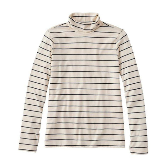 A front view of the L.L.Bean Women's Soft Stretch Supima-Blend Turtleneck Stripe Tee in Sailcloth/Classic Navy against a white background.