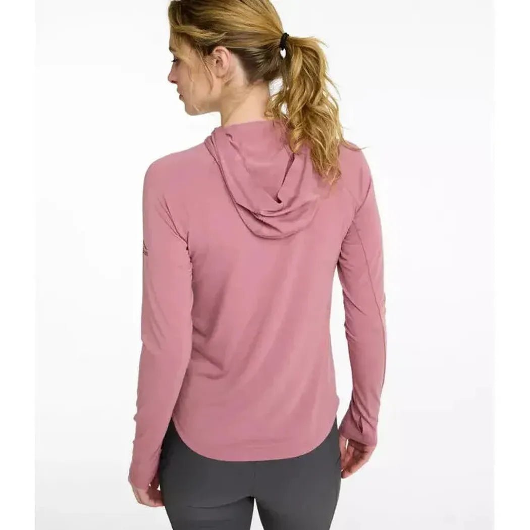 Back view of the L.L.Bean Women's SunSmart Comfort Hoodie, Long-Sleeve in Pewter on a model against a white background.