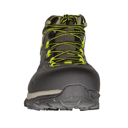 Front view of the La Sportiva Tx Hike Mid GTX in Black/LimePunch showing the laced upper and rugged outsole.