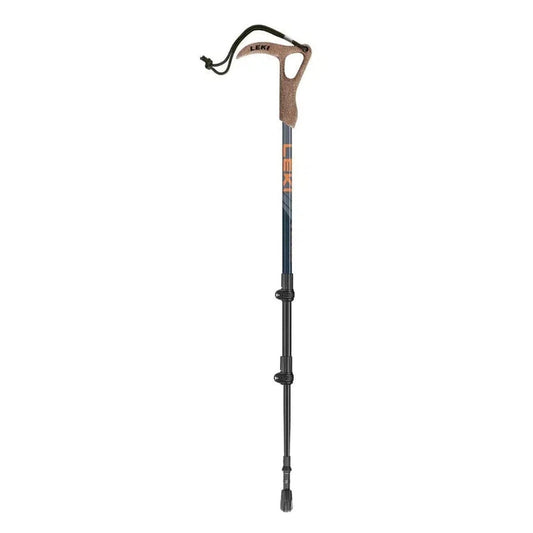 A side view of the Leki Wanderfreund High Fives trekking pole with a brown handle and blue shaft against a white background.