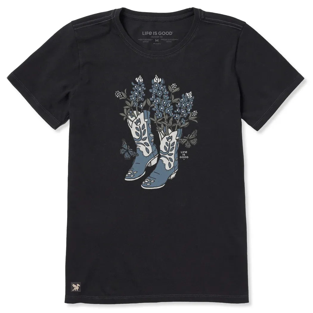 Life is Good Women's Flower Boots with Flowers Short Sleeve Crusher Tee-Women's - Clothing - Tops-Life is Good-Appalachian Outfitters