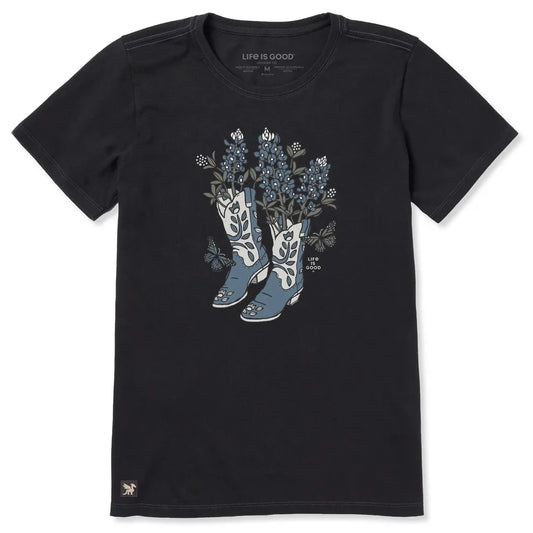 Life is Good Women's Flower Boots with Flowers Short Sleeve Crusher Tee-Women's - Clothing - Tops-Life is Good-Appalachian Outfitters