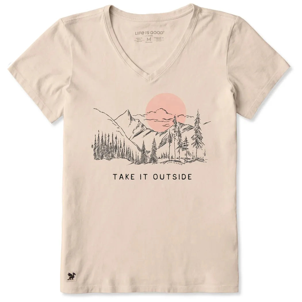 Life is Good Women's Mountain Trees Sketch Short Sleeve Crusher-LITE Vee-Women's - Clothing - Tops-Life is Good-Appalachian Outfitters