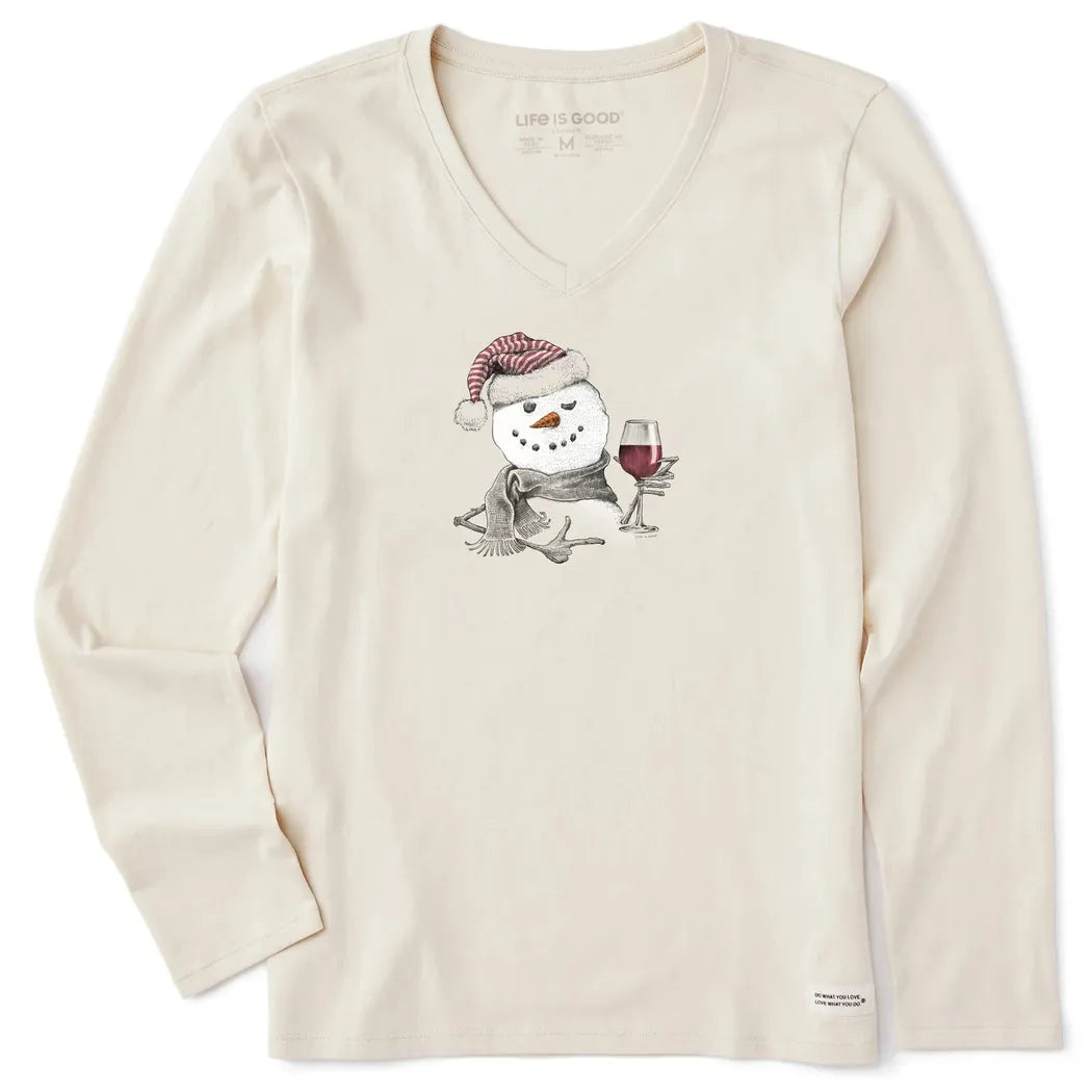 Life is Good Women's Snowman w Red Wine Long Sleeve Crusher Vee-Women's - Clothing - Tops-Life is Good-Putty White-S-Appalachian Outfitters
