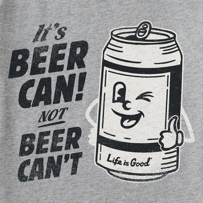 A heather gray Life is Good Men's Beer Can Short Sleevecrusher-lite with a winking beer can graphic and "Life is Good" text on the can.