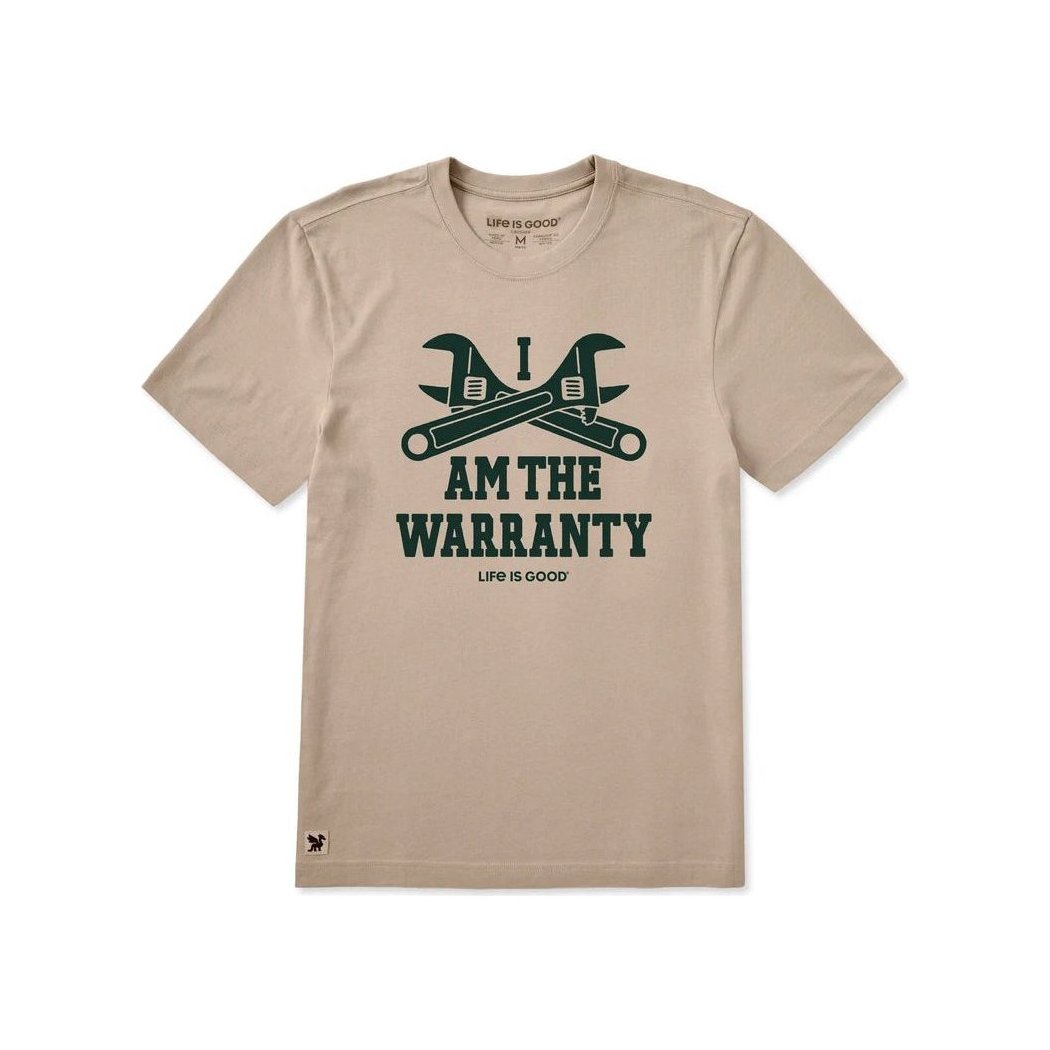 A front view of the Life is Good Men's I am the Warranty Short Sleeve Crusher Tee in Oat Brown with a white background.