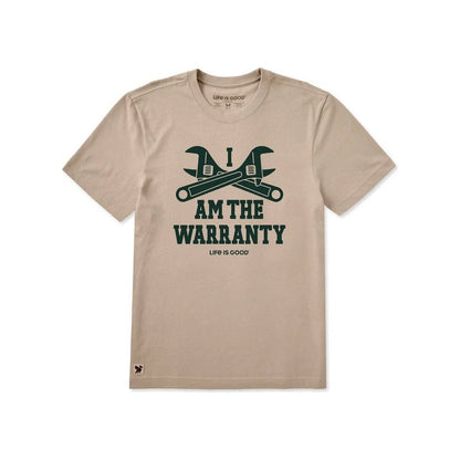 A front view of the Life is Good Men's I am the Warranty Short Sleeve Crusher Tee in Oat Brown with a white background.