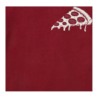 A red Life is Good Men's Merry Christmas Ya Filthy Animal Crusher Tee with a white pizza graphic on the upper right.