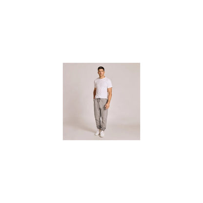 A model wearing the Life is Good Men's Solid Good Vibes Jogger in Heather Gray stands against a light gray background.