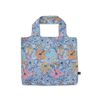 A top-down view of the Life is Good Tropical Floral Pattern Roll and Go Tote in Darkest Blue against a white background.