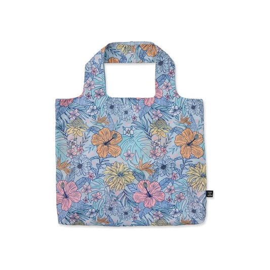 A top-down view of the Life is Good Tropical Floral Pattern Roll and Go Tote in Darkest Blue against a white background.