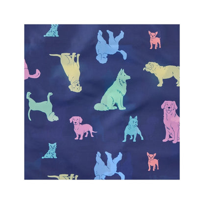 A Darkest Blue Life is Good Tropical Floral Pattern Roll and Go Tote with colorful dog prints on a dark background.