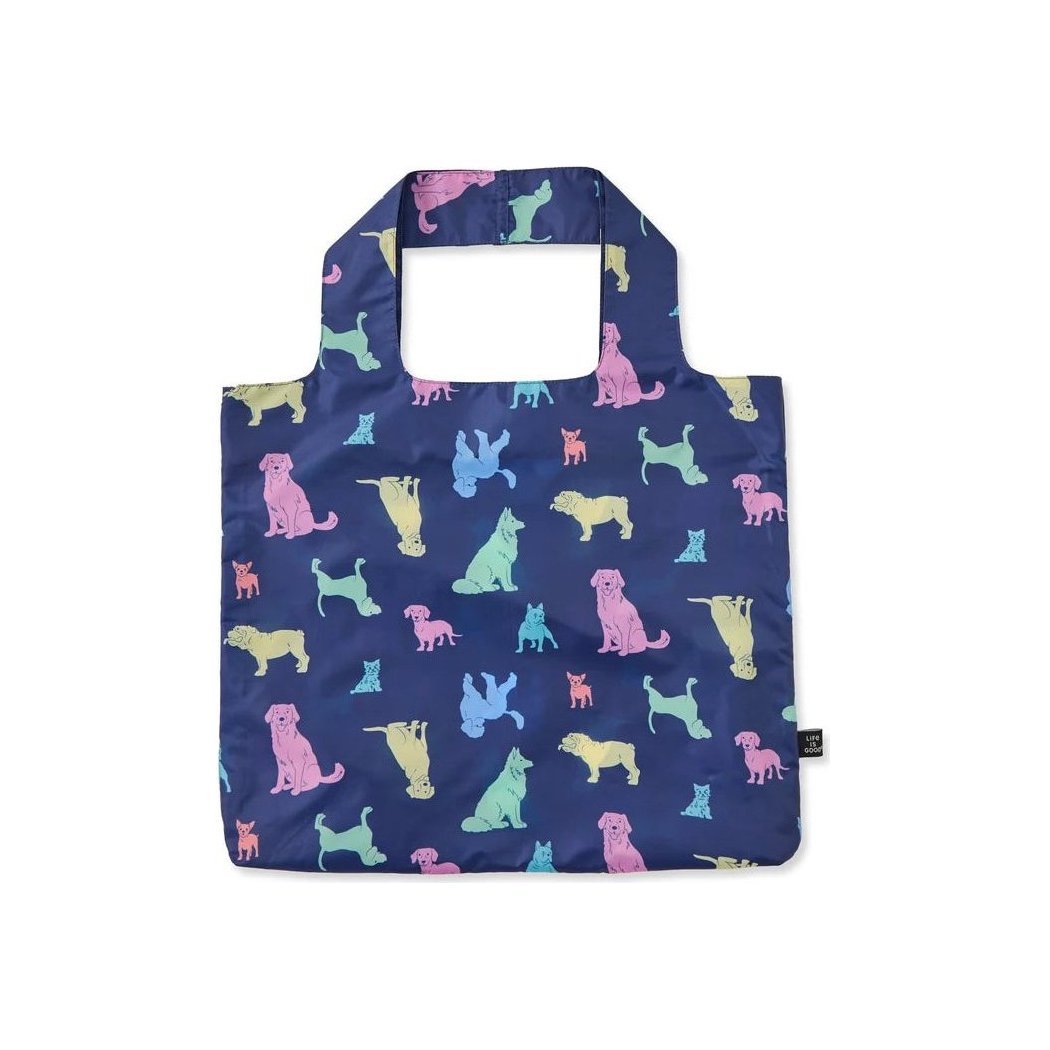 A top-down view of the Darkest Blue Life is Good Tropical Floral Pattern Roll and Go Tote against a white background.