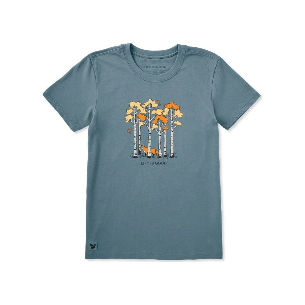 A front view of the Life is Good Women's Among the Aspens Short Sleeve Crusher Tee in Slate Blue showing the birch tree graphic on a white background.