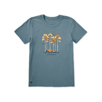 A front view of the Life is Good Women's Among the Aspens Short Sleeve Crusher Tee in Slate Blue showing the birch tree graphic on a white background.