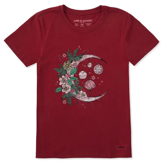 Life is Good Women's Christmas Ornament Moon Short Sleeve Crusher Tee-Women's - Clothing - Tops-Adirondack Red-S-Appalachian Outfitters