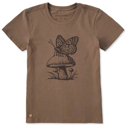 A front view of the Life is Good Women's Mushy Butterfly Short Sleeve Crusher Tee in Mushroom Brown showing the butterfly and mushroom graphic on the chest.
